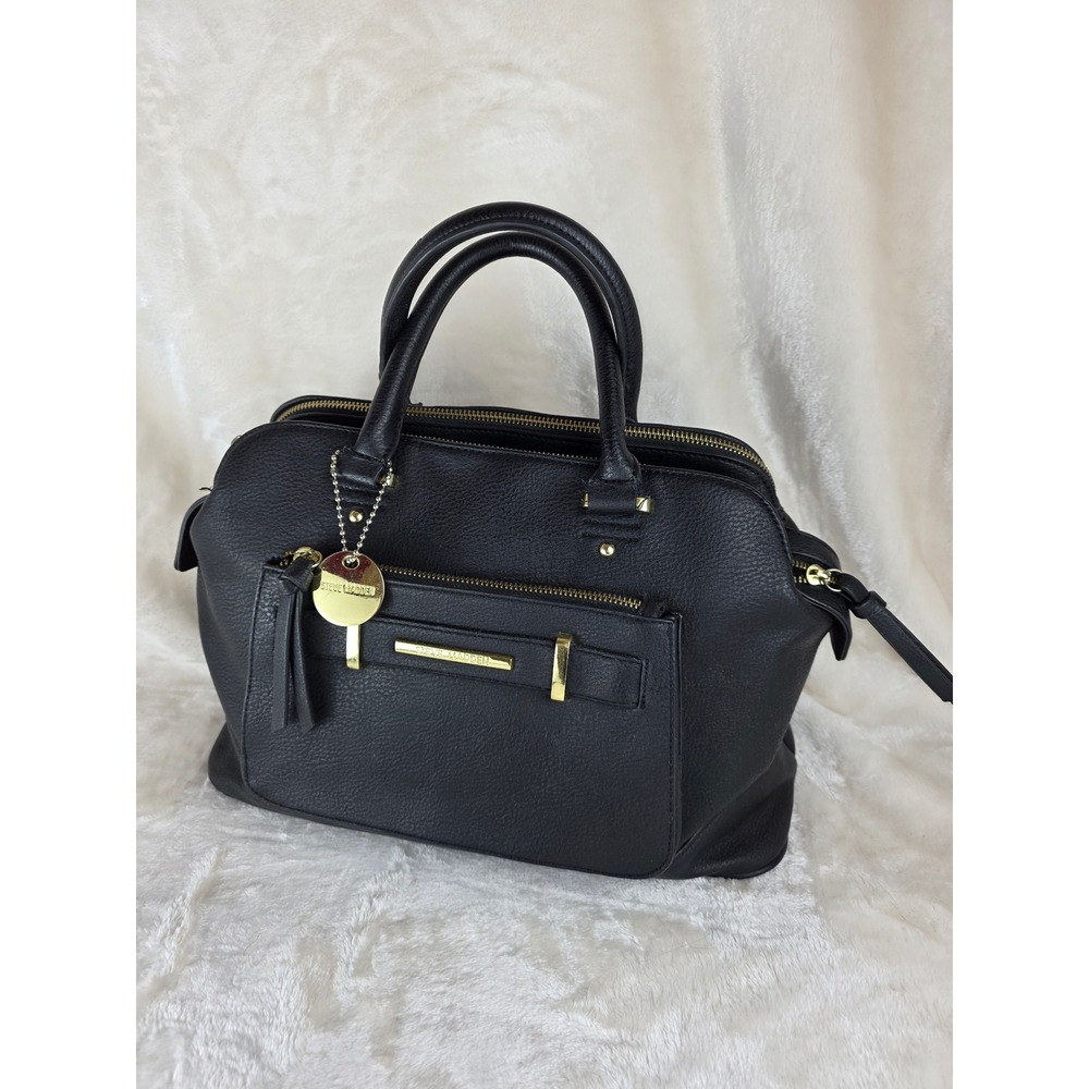 Steve Madden Black‎ Faux Leather Dome Satchel Handbag With Gold Hardware